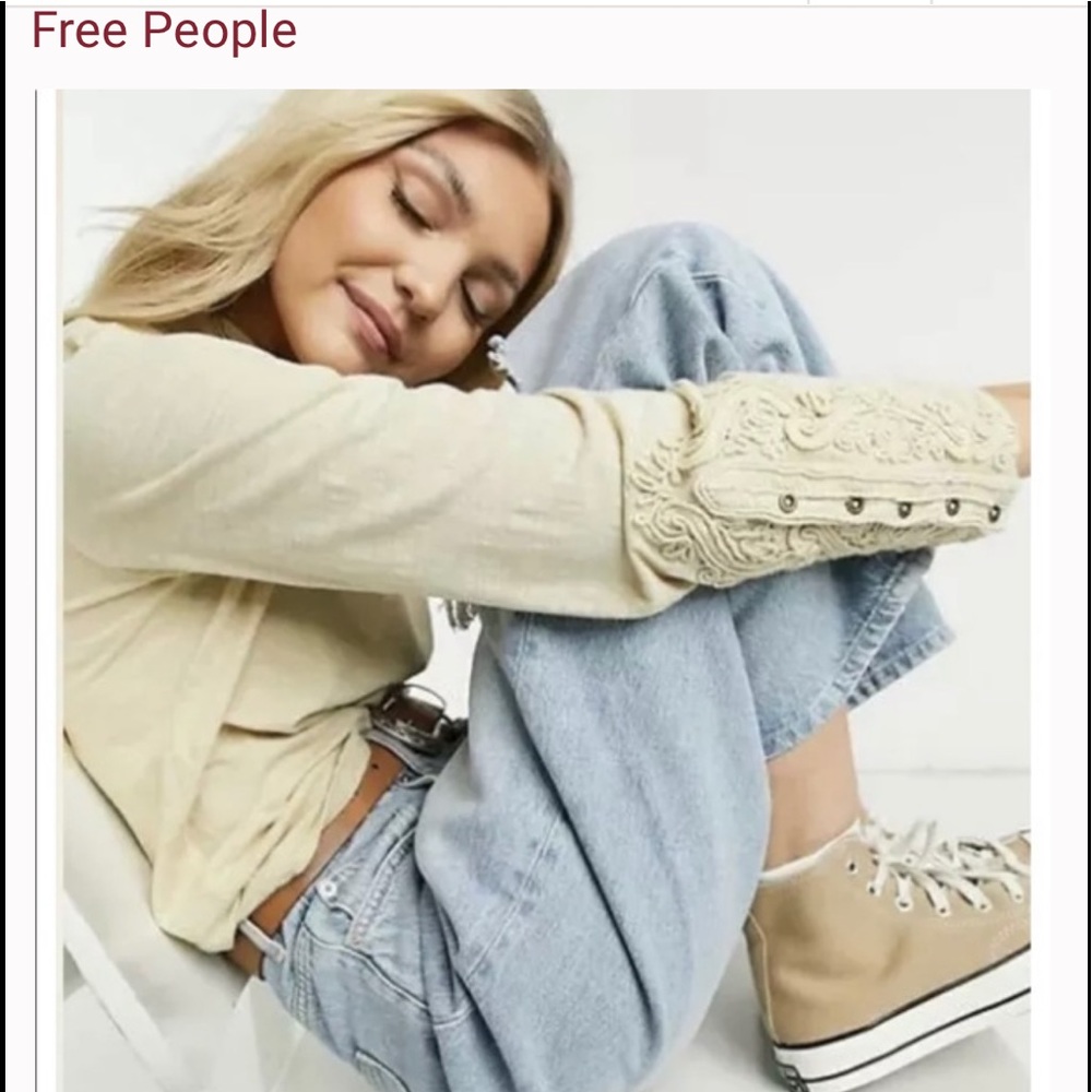 Free People Cream Embroidered Long Sleeve Tee